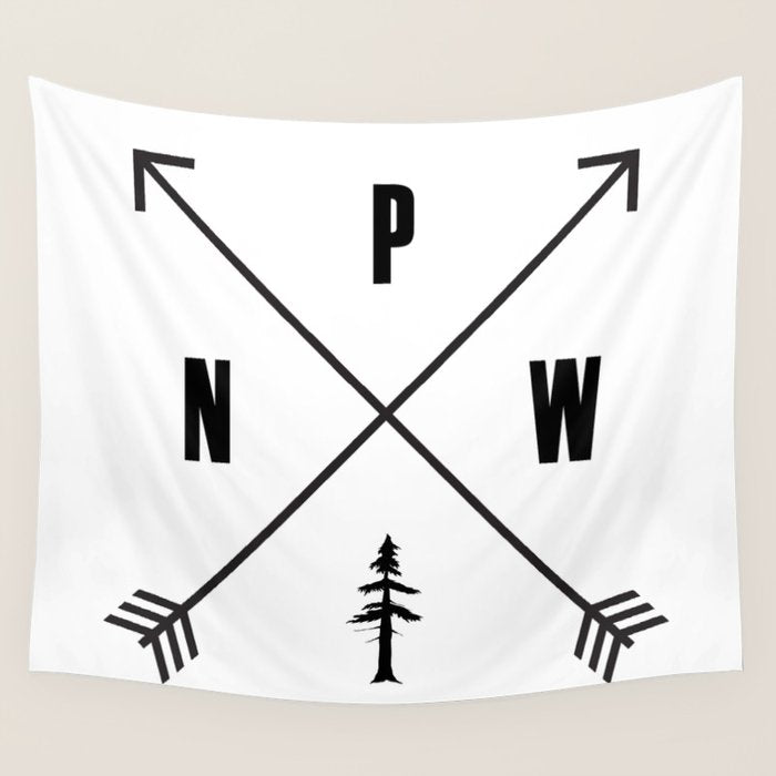 PNW Pacific Northwest Compass - Black on White Minimal Wall Tapestry Gallery Image 1