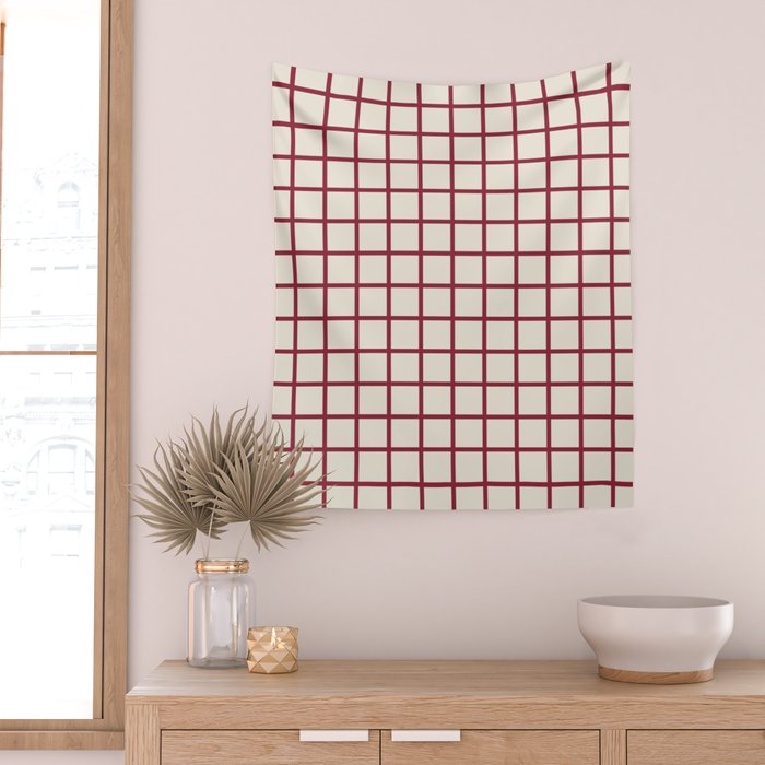 Red On Cream Grid Wall Tapestry Gallery Image 2