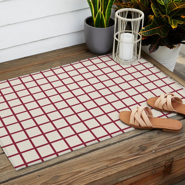 Red On Cream Grid Outdoor Rug Gallery Image 2