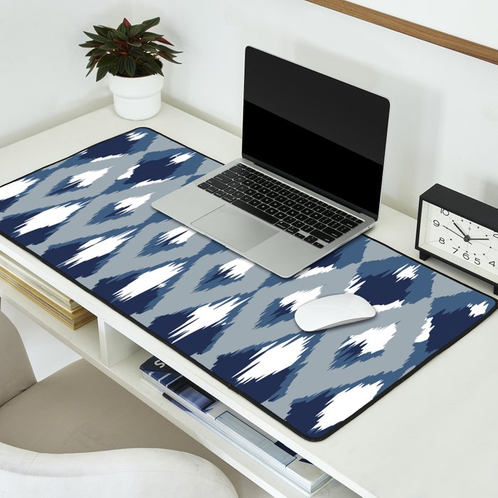 Festive, Boho Art, Geometric, Ikat Pattern, Blue Desk Mat Gallery Image 2
