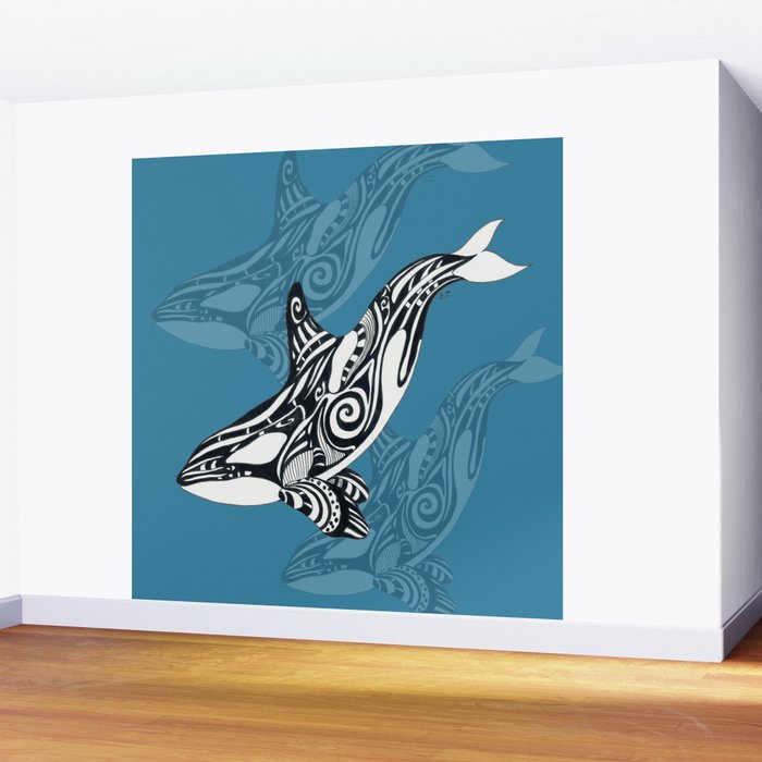 Orca Whale Tribal Ink Blue Black Indigo Art Wall Mural Gallery Image 2