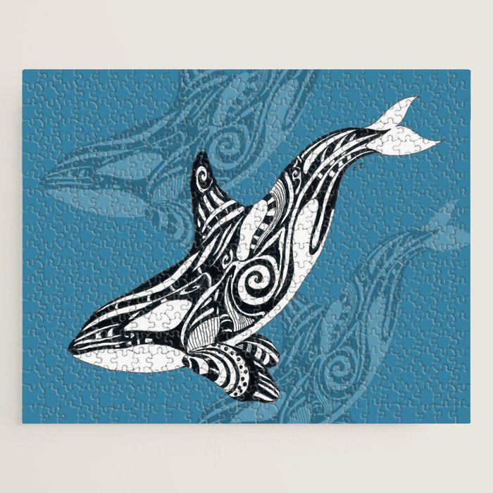 Orca Whale Tribal Ink Blue Black Indigo Art Jigsaw Puzzle Gallery Image 1