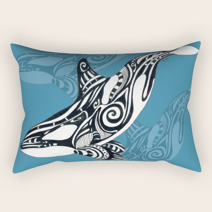 Orca Whale Tribal Ink Blue Black Indigo Art Rectangular Pillow Gallery Image 2
