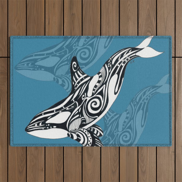 Orca Whale Tribal Ink Blue Black Indigo Art Outdoor Rug Gallery Image 1