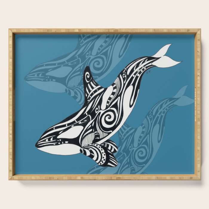 Orca Whale Tribal Ink Blue Black Indigo Art Serving Tray Gallery Image 1