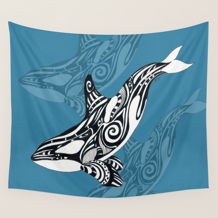 Orca Whale Tribal Ink Blue Black Indigo Art Wall Tapestry