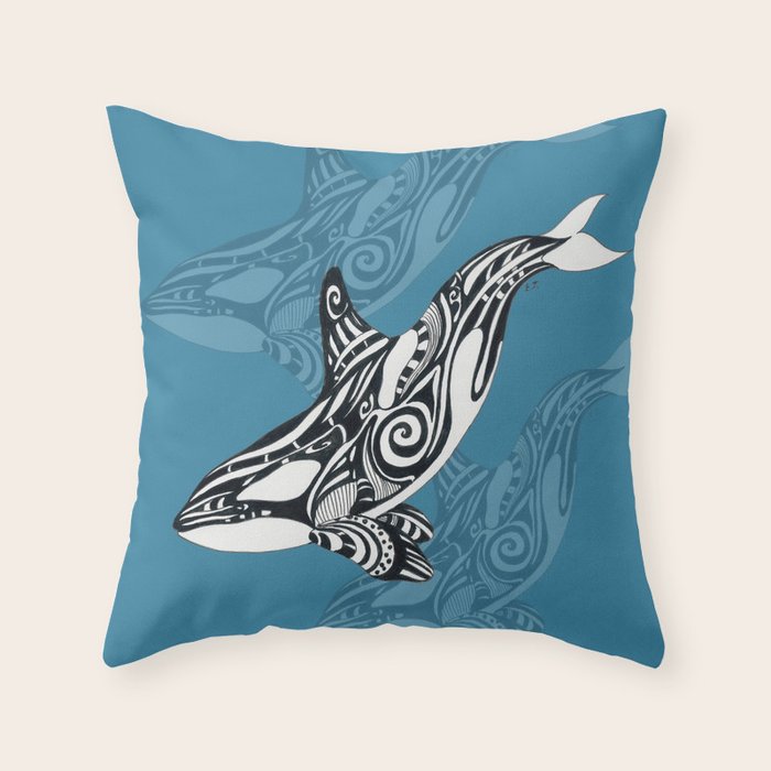 Orca Whale Tribal Ink Blue Black Indigo Art Throw Pillow Gallery Image 1