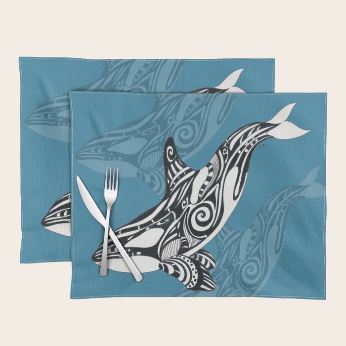 Orca Whale Tribal Ink Blue Black Indigo Art Placemat Gallery Image 1