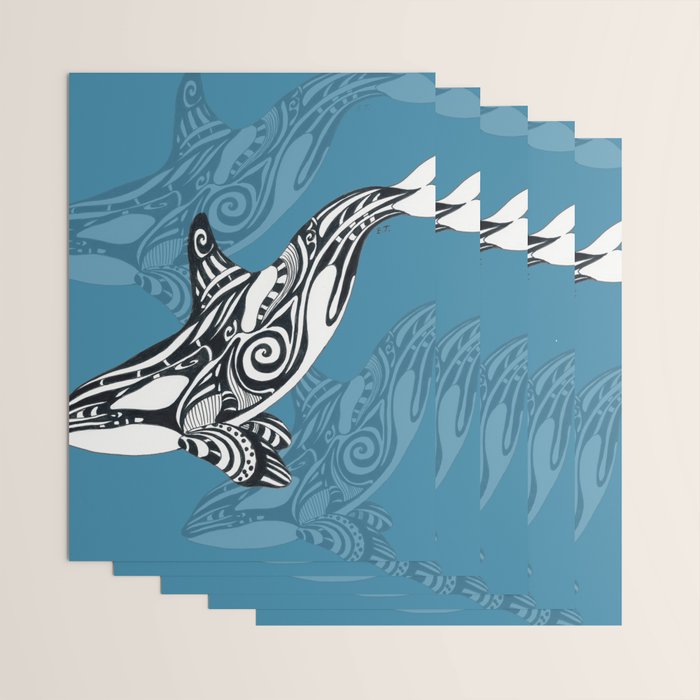 Orca Whale Tribal Ink Blue Black Indigo Art Wrapping Paper Gallery Image 3
