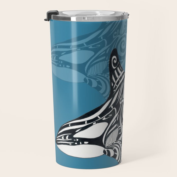 Orca Whale Tribal Ink Blue Black Indigo Art Travel Mug Gallery Image 3