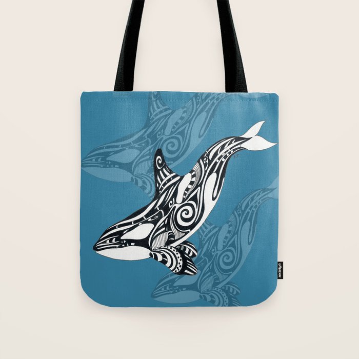Orca Whale Tribal Ink Blue Black Indigo Art Tote Bag Gallery Image 1