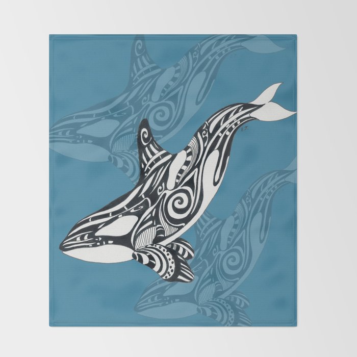 Orca Whale Tribal Ink Blue Black Indigo Art Throw Blanket Gallery Image 2