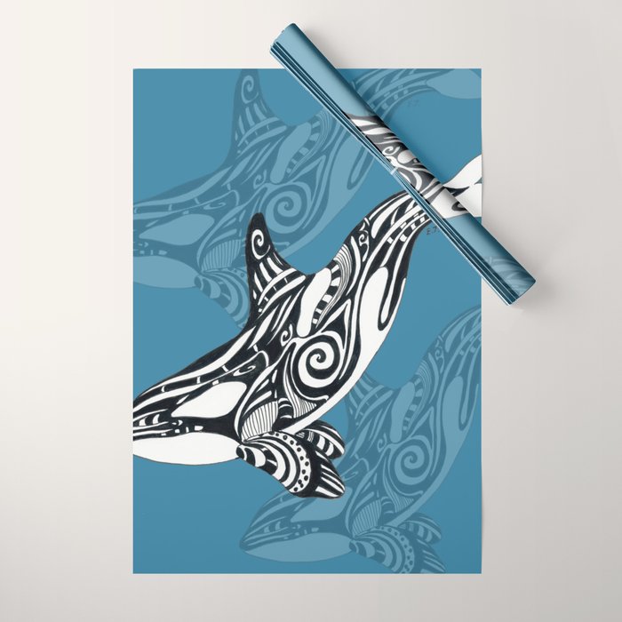Orca Whale Tribal Ink Blue Black Indigo Art Wrapping Paper Gallery Image 1