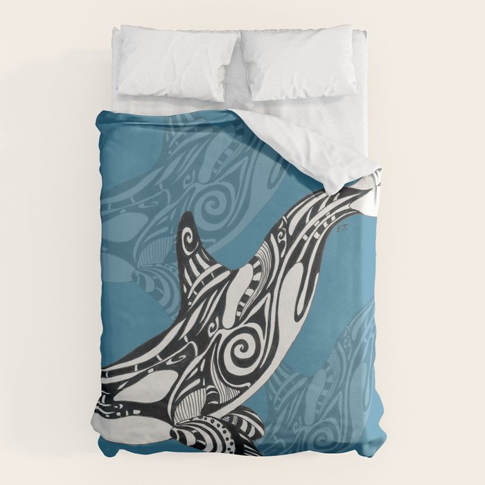 Orca Whale Tribal Ink Blue Black Indigo Art Duvet Cover Gallery Image 6
