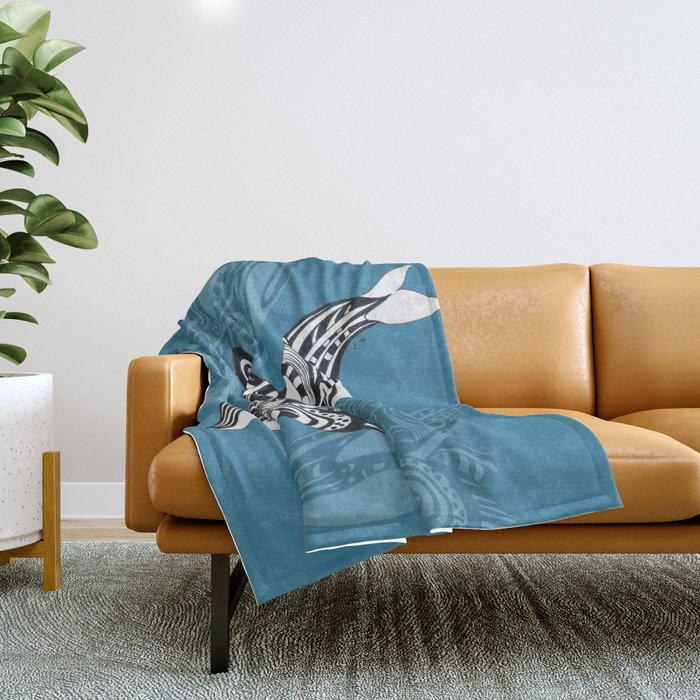 Orca Whale Tribal Ink Blue Black Indigo Art Throw Blanket Gallery Image 1