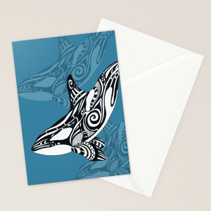 Orca Whale Tribal Ink Blue Black Indigo Art Stationery Card Gallery Image 2