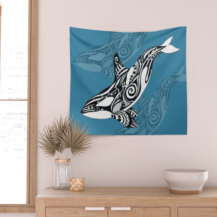 Orca Whale Tribal Ink Blue Black Indigo Art Wall Tapestry Gallery Image 2
