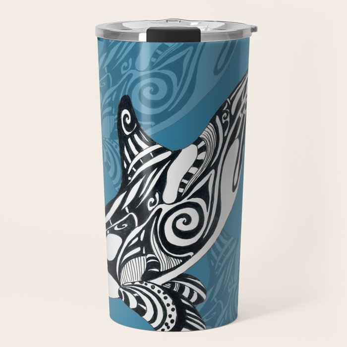 Orca Whale Tribal Ink Blue Black Indigo Art Travel Mug Gallery Image 1