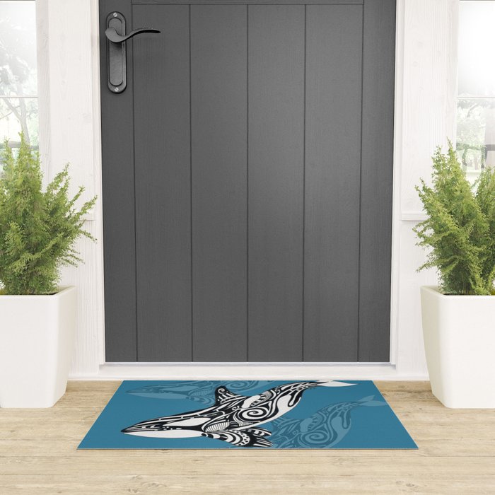 Orca Whale Tribal Ink Blue Black Indigo Art Welcome Mat Gallery Image 3