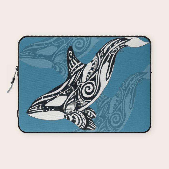 Orca Whale Tribal Ink Blue Black Indigo Art Laptop Sleeve Gallery Image 1