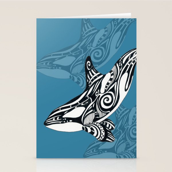 Orca Whale Tribal Ink Blue Black Indigo Art Stationery Card Gallery Image 2