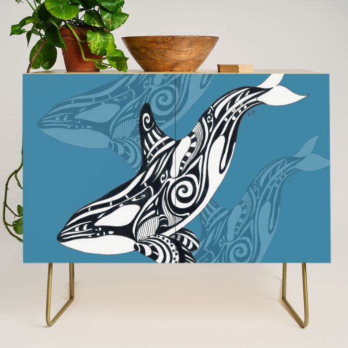 Orca Whale Tribal Ink Blue Black Indigo Art Credenza Gallery Image 1