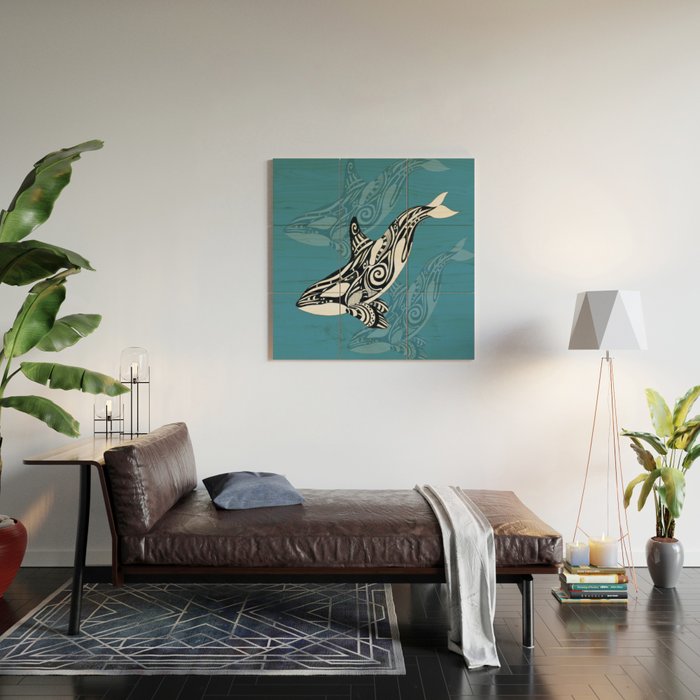 Orca Whale Tribal Ink Blue Black Indigo Art Wood Wall Art Gallery Image 2