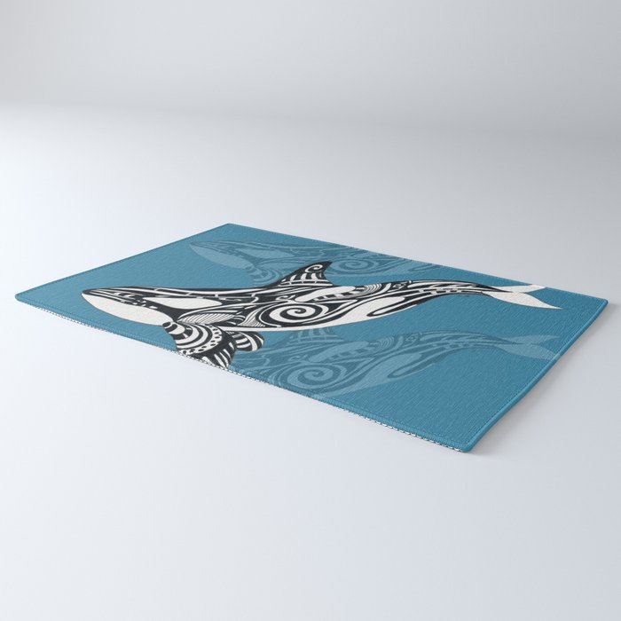 Orca Whale Tribal Ink Blue Black Indigo Art Rug Gallery Image 3