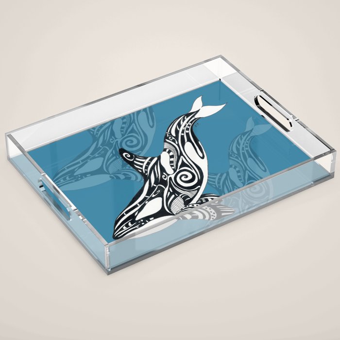 Orca Whale Tribal Ink Blue Black Indigo Art Acrylic Tray Gallery Image 1