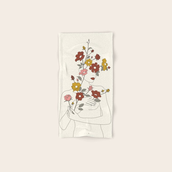Colorful Thoughts Minimal Line Art Woman with Wild Roses Bath Towel Gallery Image 1