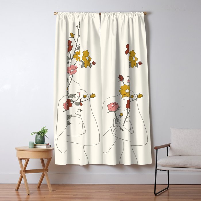 Colorful Thoughts Minimal Line Art Woman with Wild Roses Window Curtain Gallery Image 1