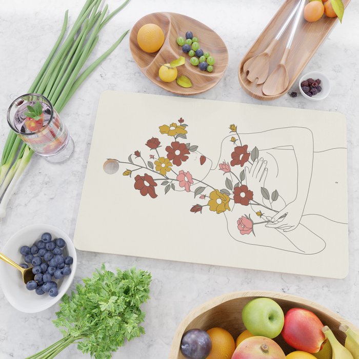 Colorful Thoughts Minimal Line Art Woman with Wild Roses Cutting Board Gallery Image 2