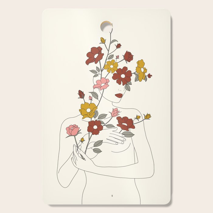 Colorful Thoughts Minimal Line Art Woman with Wild Roses Cutting Board Gallery Image 1