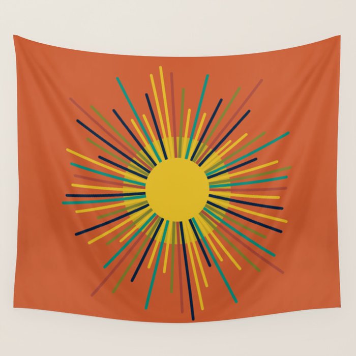 Sun - Mid Century Modern Multicolor Sunburst on Orange Wall Tapestry Gallery Image 4