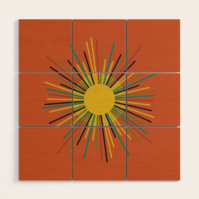 Sun - Mid Century Modern Multicolor Sunburst on Orange Wood Wall Art Gallery Image 1