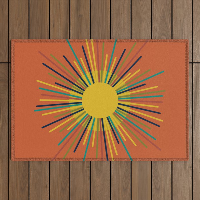 Sun - Mid Century Modern Multicolor Sunburst on Orange Outdoor Rug Gallery Image 1