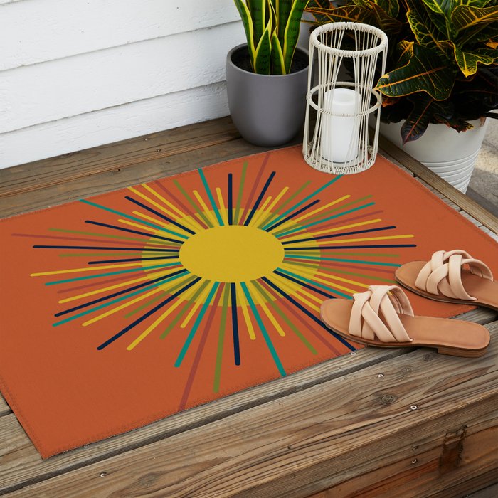 Sun - Mid Century Modern Multicolor Sunburst on Orange Outdoor Rug Gallery Image 2