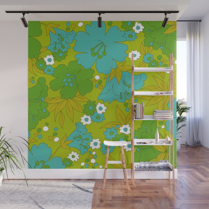 Green, Turquoise, and White Retro Flower Design Pattern Wall Mural Gallery Image 1