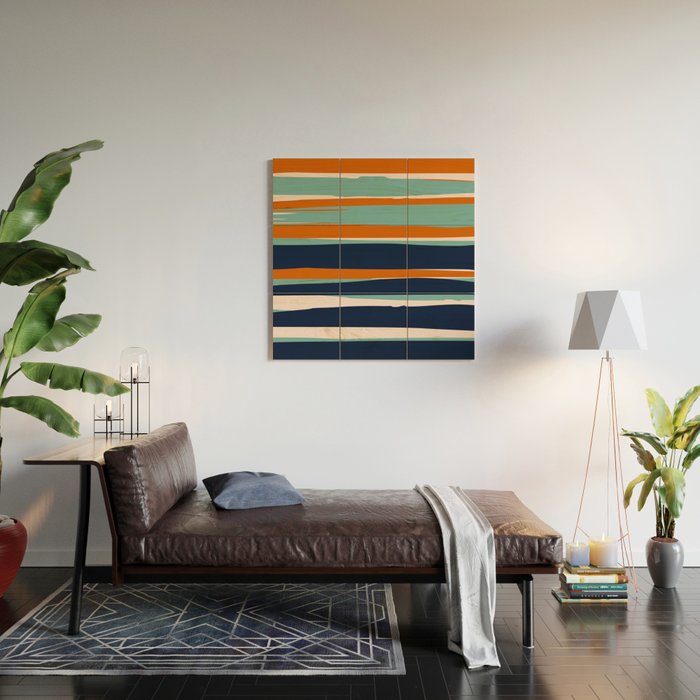 Stripes Abstract, Orange, Teal, Navy Wood Wall Art Gallery Image 2
