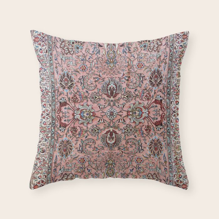 Pink Blue Burgundy Antique Tabriz Rug Print Throw Pillow Gallery Image 1