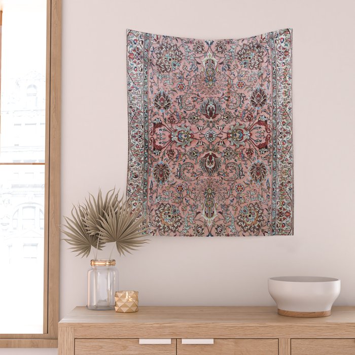 Pink Blue Burgundy Antique Tabriz Rug Print Wall Tapestry Gallery Image 2