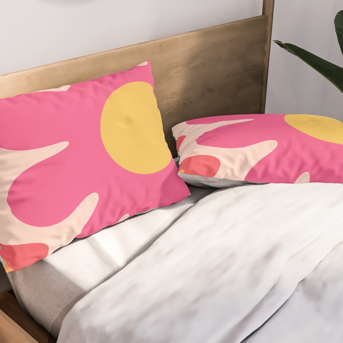 Happy Flower 60s Retro Vibe Hot Pink Orange Yellow Blush Pillow Sham Gallery Image 2