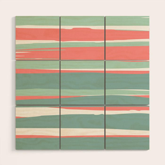 Festive, Abstract, Colorful Stripes, Coral and Teal Green Wood Wall Art Gallery Image 1