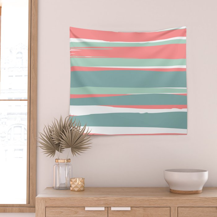 Festive, Abstract, Colorful Stripes, Coral and Teal Green Wall Tapestry Gallery Image 2