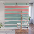 Festive, Abstract, Colorful Stripes, Coral and Teal Green Wall Mural Gallery Image 1