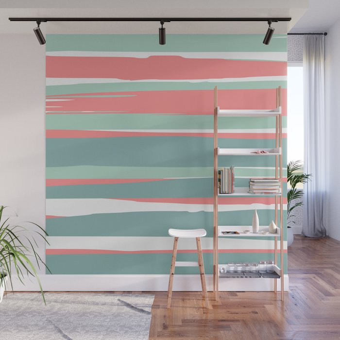 Festive, Abstract, Colorful Stripes, Coral and Teal Green Wall Mural Gallery Image 1