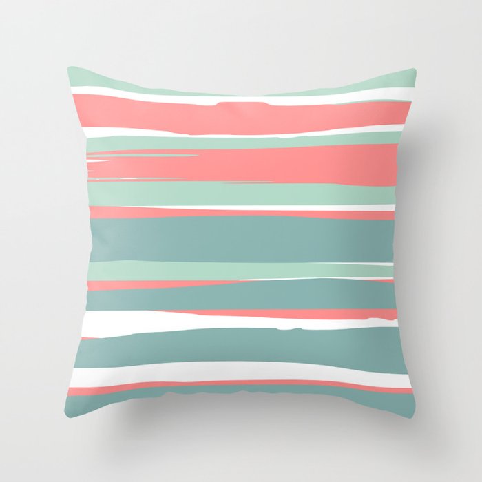 Festive, Abstract, Colorful Stripes, Coral and Teal Green Throw Pillow Gallery Image 1