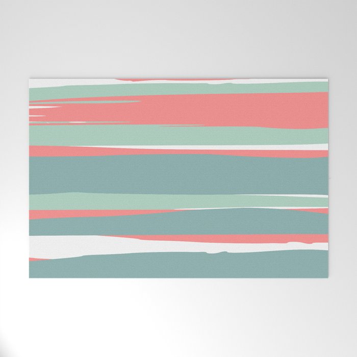 Festive, Abstract, Colorful Stripes, Coral and Teal Green Welcome Mat Gallery Image 1