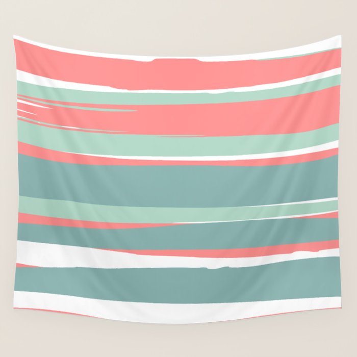 Festive, Abstract, Colorful Stripes, Coral and Teal Green Wall Tapestry Gallery Image 1