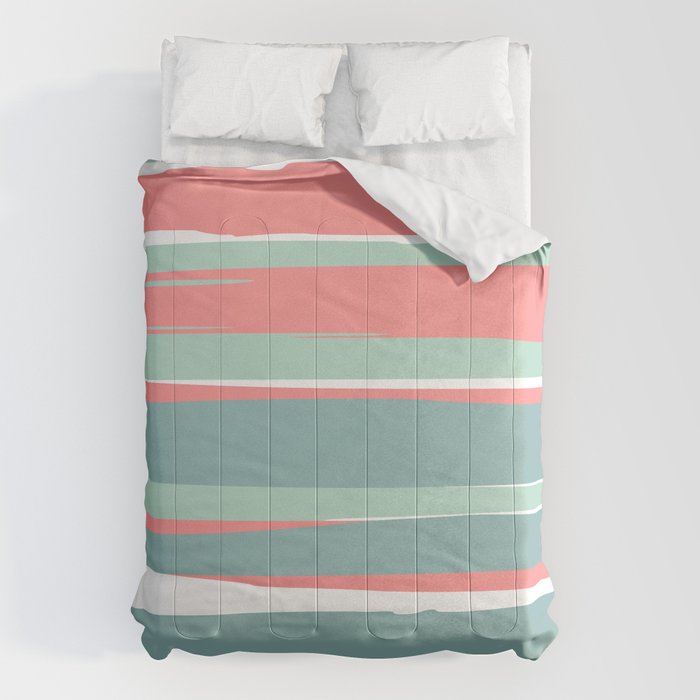 Festive, Abstract, Colorful Stripes, Coral and Teal Green Comforter Gallery Image 6